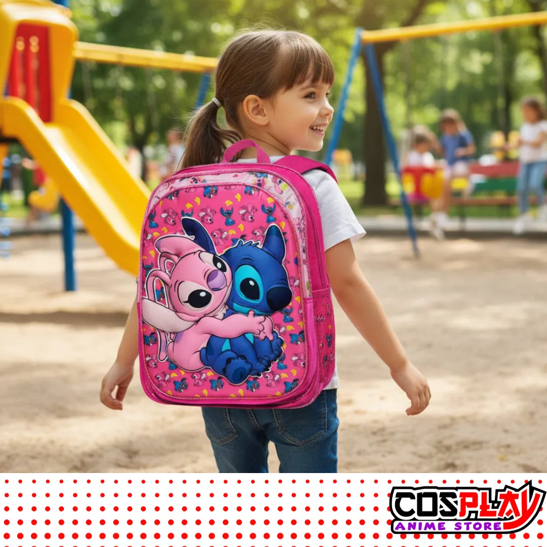 Mochila 3d Escolar Tres Cierres Stitch y Angel Reforzada