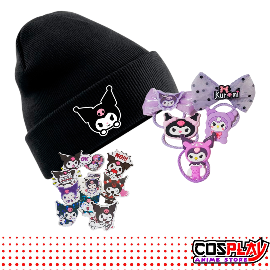 Kit Gorro Invernal De Lana Kuromi + 5 Colitas + 5 Stickers