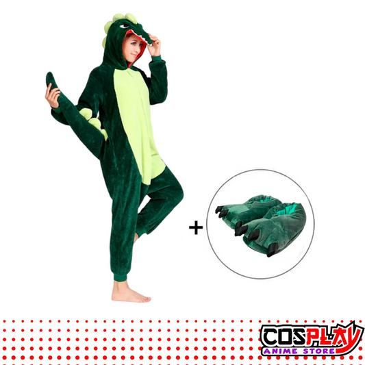 Pijama Entero Kigurumi Polar De Cocodrilo Verde + Pantuflas