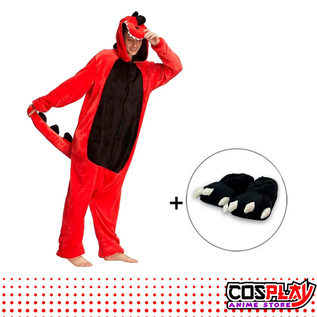 Pijama Entero Kigurumi Polar De Cocodrilo Rojo + Pantuflas