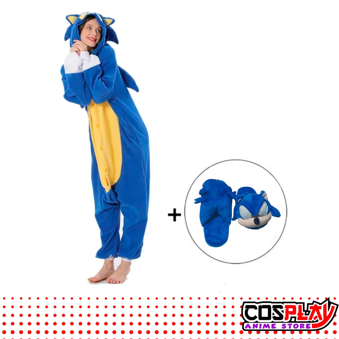 Pijama Entero Kigurumi Polar De Sonic + Pantuflas