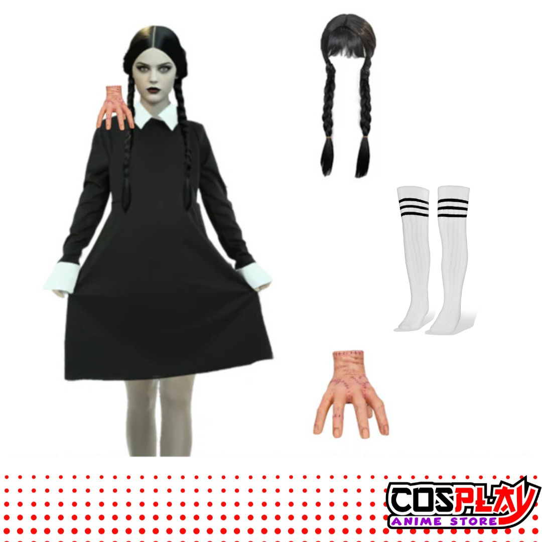 Disfraz Infantil Merlina Completo  Vestido + Peluca + Medias + Dedos