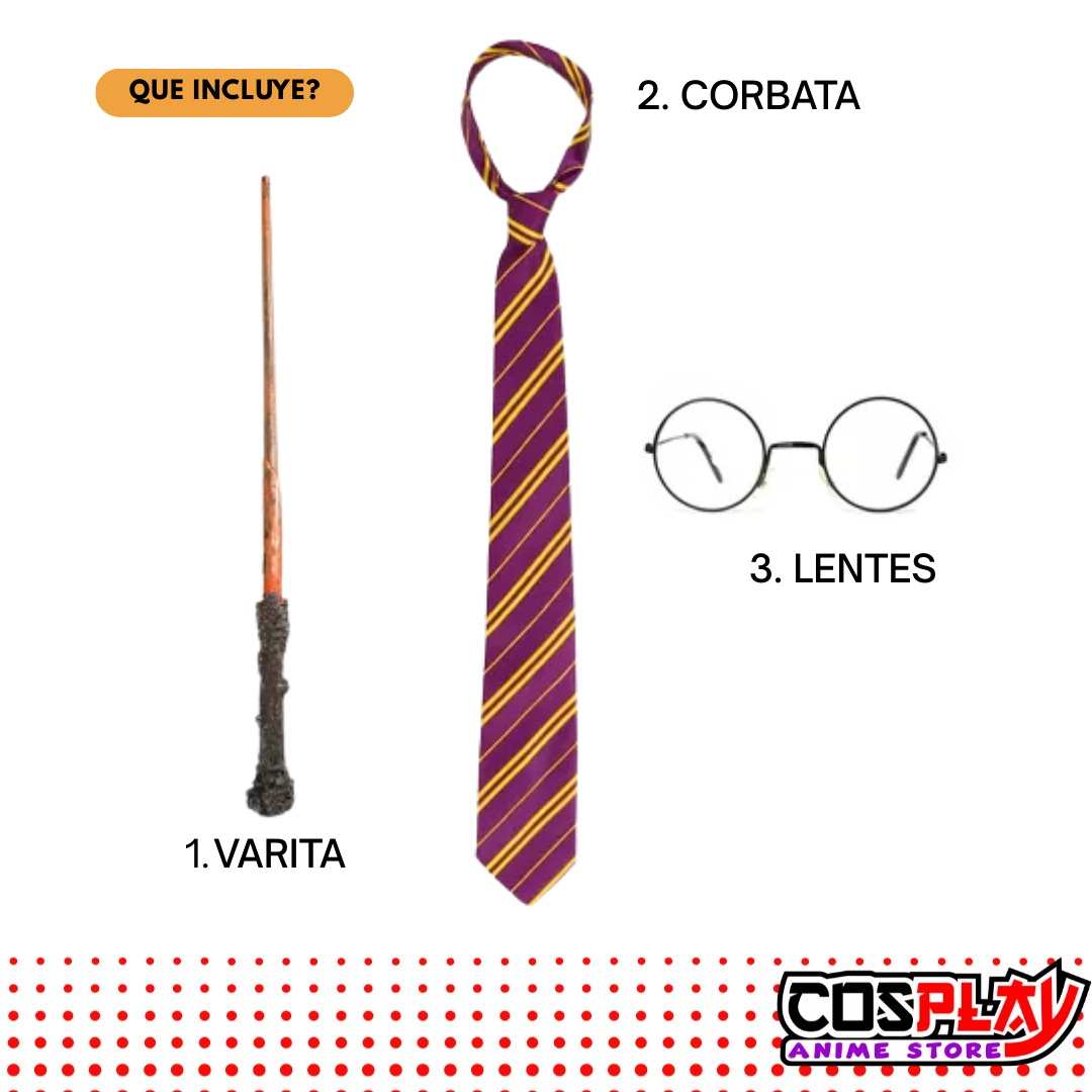 Set De Harry Potter Varita Lentes Corbata Disfraz Cosplay