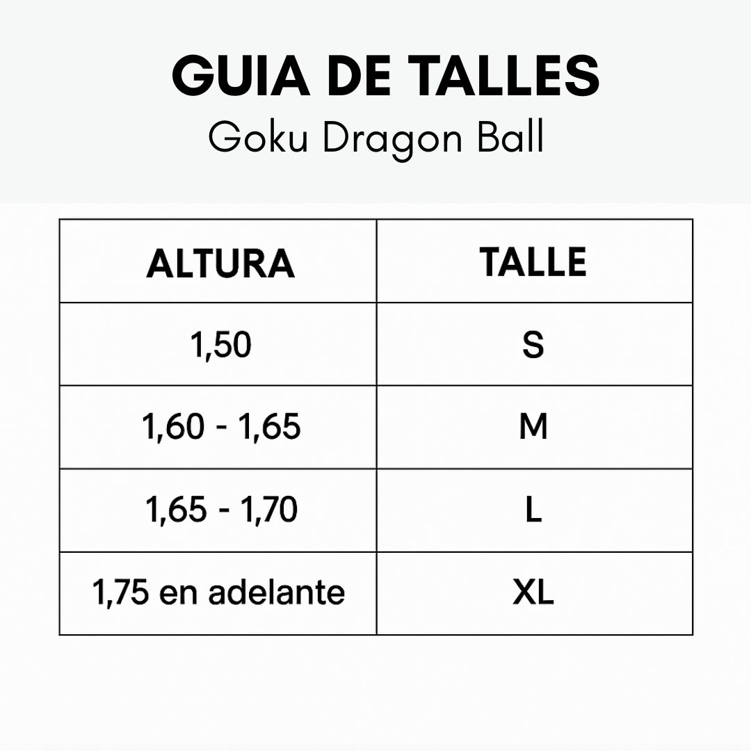 Guía de talles Disfraz cosplay Goku CosplayUy