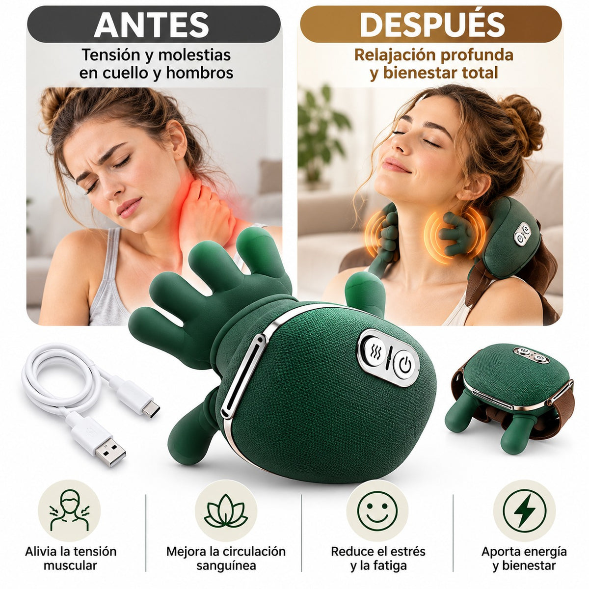 Masajeador Shiatsu Inalámbrico para Cuello, Hombros y Cuerpo